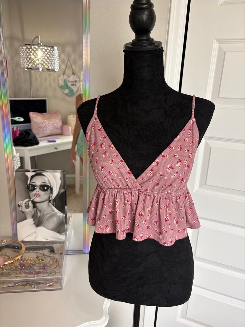 Blue Blush Pink Floral Ruffle Peplum Cami